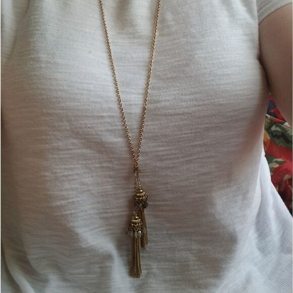 Beaded Tassel Long Statement Necklace in Gold - Picture 4 of 5
